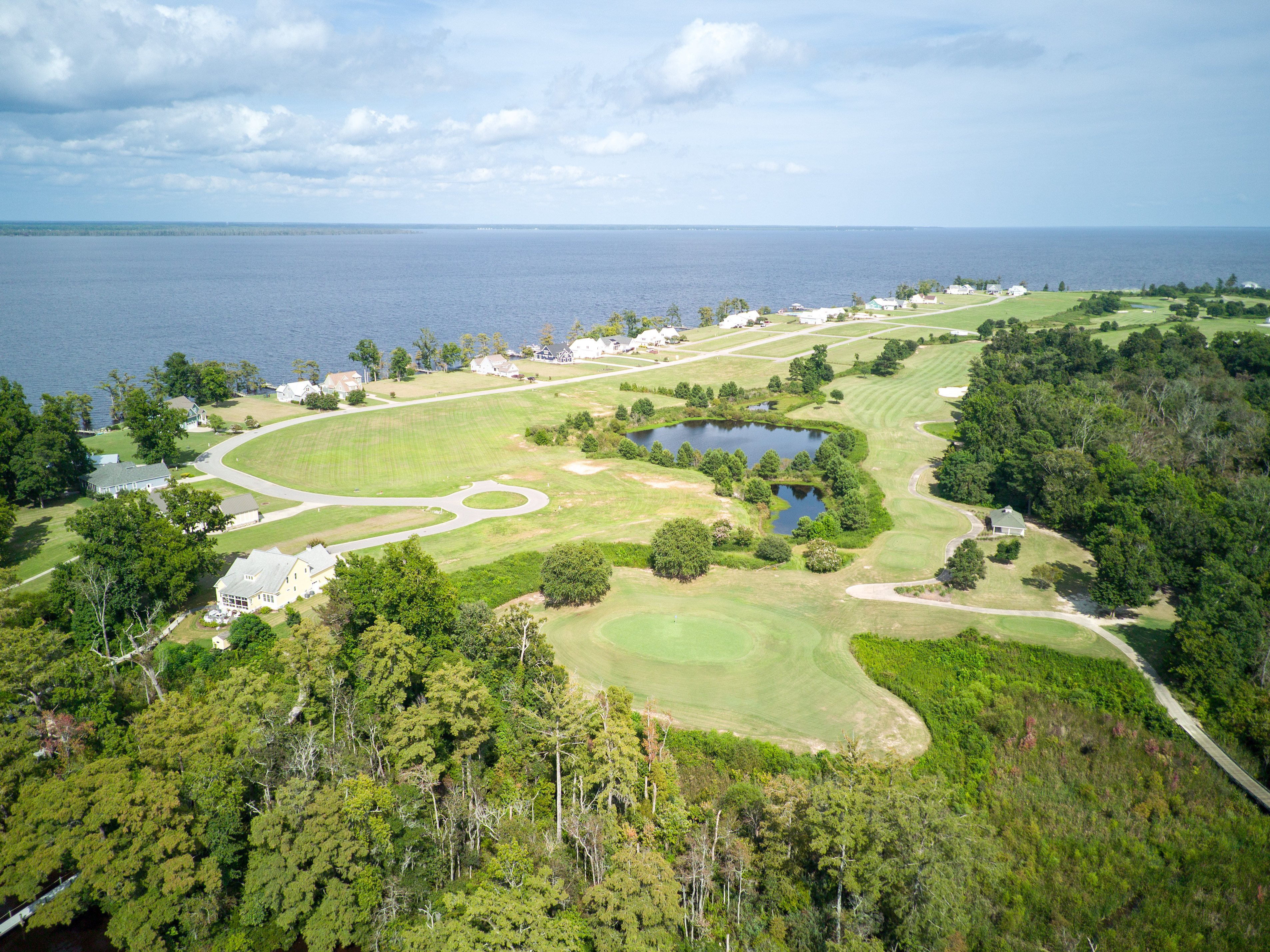 Aerial view of Occano's golf course and waterfront homes along the Albemarle Sound