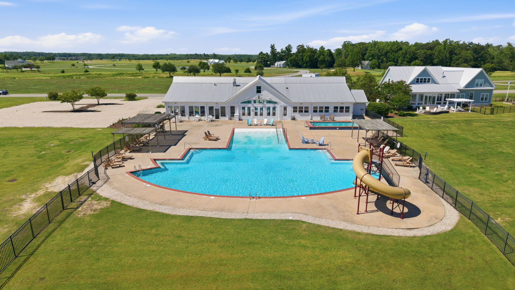 Aerial view of the River Club pool complex at Occano